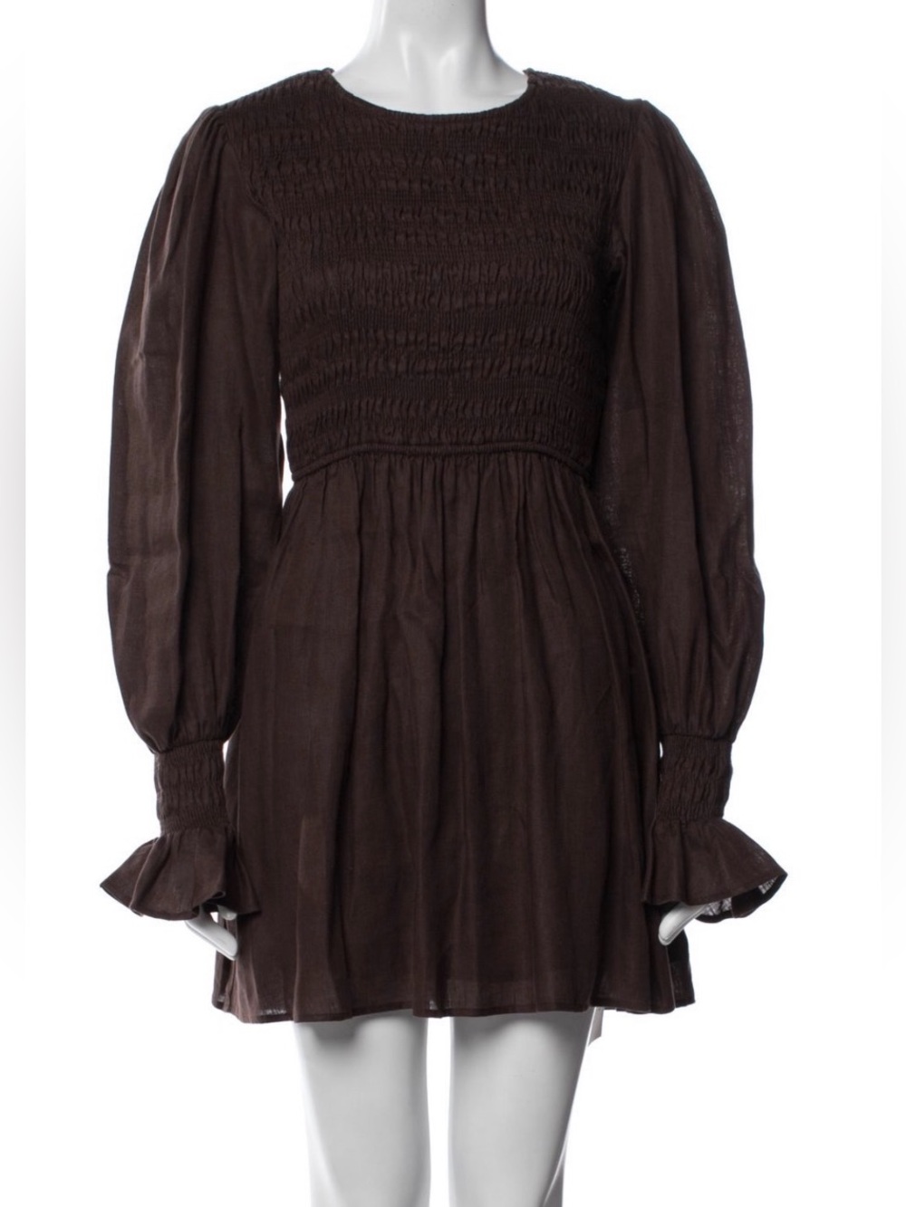 DISSH Chocolate Brown Smocked Long-Sleeve Mini Dress